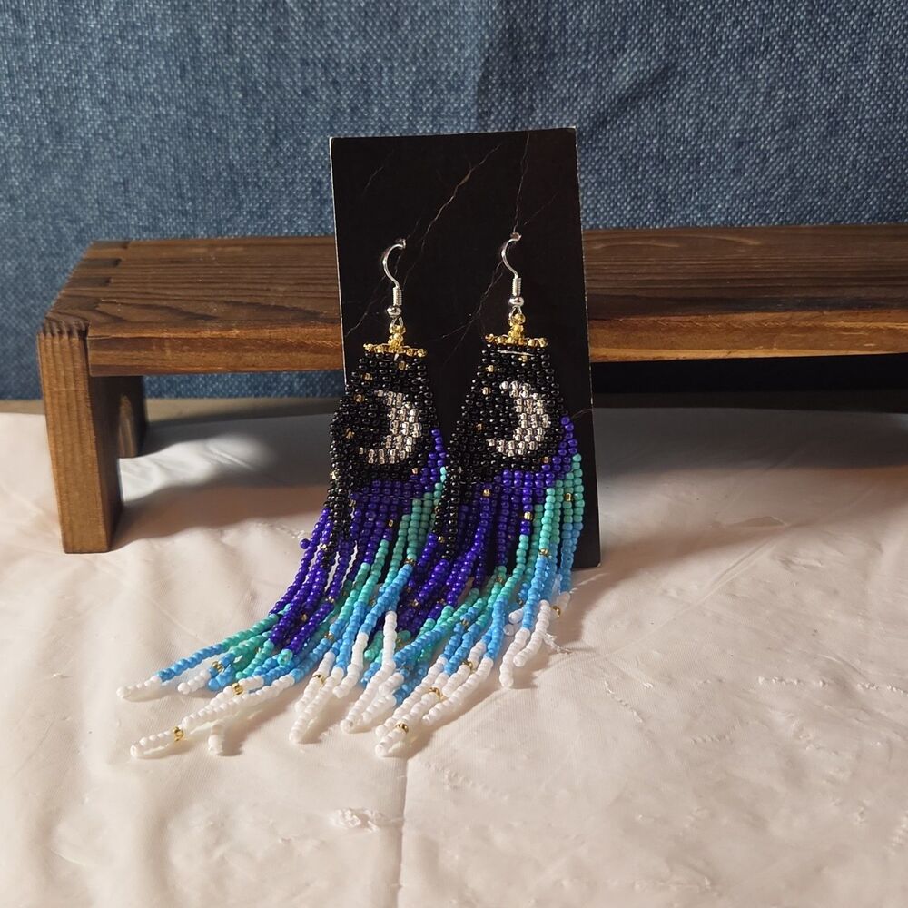 Boho Celestial Moon Seed Bead Fringe Dangle Earrings - Picture 2 of 16